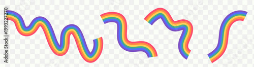 Set of wavy rainbow ribbons and pride month design elements isolated on transparent background for lgbtq celebration, diversity, inclusive event banners. Modern abstract graphic vector illustration.
