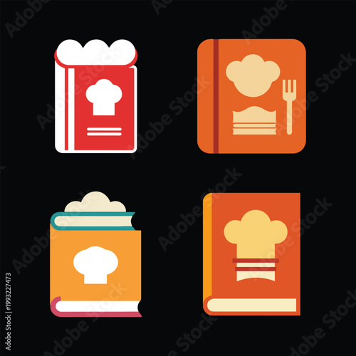 Colorful flat design chef hat cookbooks icons with different colored covers and symbols on black background