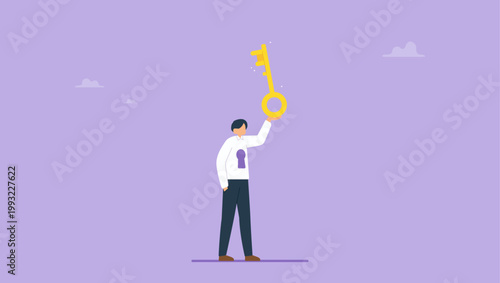 Businessman holds a giant key to unlock himself. Unlocking your potential go beyond the limits, release negative thoughts.