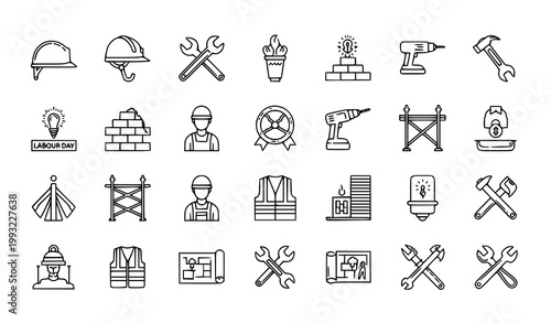 Labor and construction outline icon set with renovation tools and worker symbols in clean vector illustration