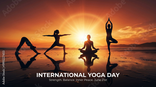 Sunset beach yoga silhouettes with reflection and meditation pose for wellness fitness lifestyle concept and mindfulness practice on international yoga day