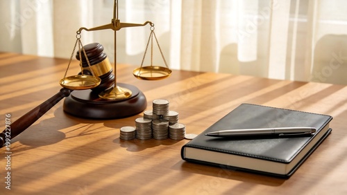 Judges scale coins notebook and pen