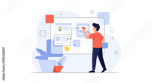 Man planning project on whiteboard with sticky notes, business strategy and teamwork