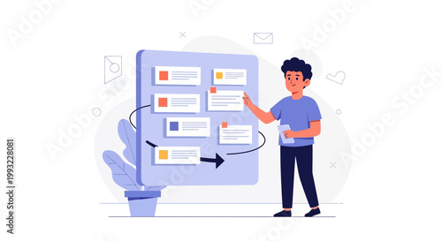 Man Planning Project on Kanban Board, Workflow Management, Task Organization