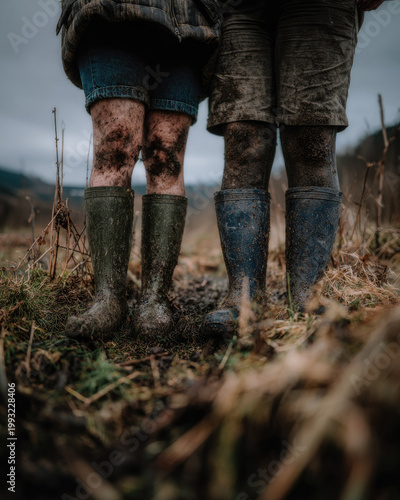 Two women gardening together in muddy boots standing side by side on wet field showing teamwork and outdoor activity in rural nature