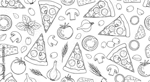 Vintage sketch pizza slices seamless pattern with Italian ingredients monochrome doodle food vector background