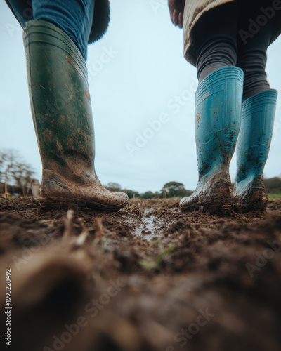 Two women gardening together in muddy field wearing rubber boots enjoying outdoor activity and teamwork on cloudy day with nature and soil visible around them