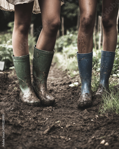 Two women gardening together wearing rubber boots standing on soil with muddy legs in outdoor garden setting showing teamwork and connection with nature