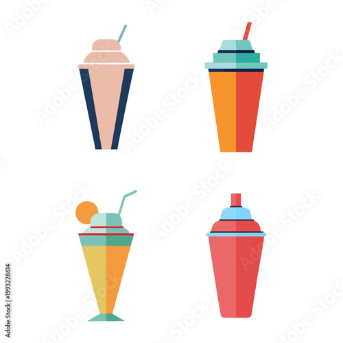 Colorful illustrations of four disposable cups with lids and straws for cold drinks on white background
