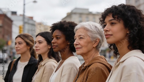 Diverse group of women standing in a row on a city street. Multiethnic females of different ages looking forward together. Concept of unity, inclusion and female empowerment