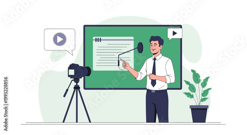 Man filming online course with camera and whiteboard presentation