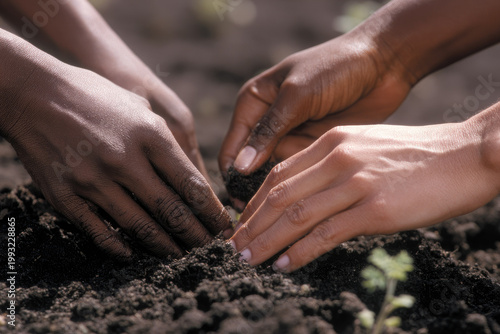 Two women gardening together with hands in rich soil nurturing young plants teamwork and care for nature outdoor activity growth and connection environmental harmony