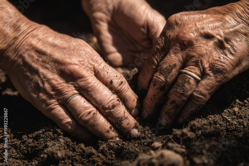 Two women gardening together with their hands in rich soil showing teamwork and connection to nature in outdoor setting with natural light and earthy tones
