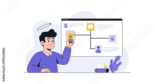 Man holding a light bulb, representing a new idea or innovation, with a mind map on a screen.