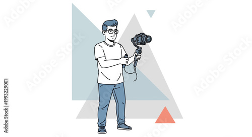 Man holding professional camera gimbal stabilizer, vlogger filming, modern technology, geometric background