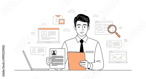 Man holding resume and folder with recruitment icons and laptops