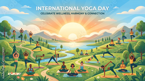 Yoga practice in nature landscape for international yoga day sunrise valley scene with group meditation and wellness concept for banner poster design