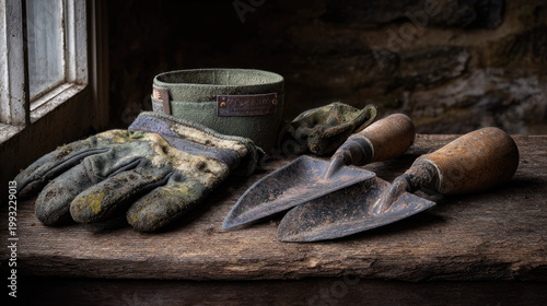 Two women gardening together using worn gloves and hand trowels on rustic wooden table near window natural light creates peaceful and nostalgic atmosphere