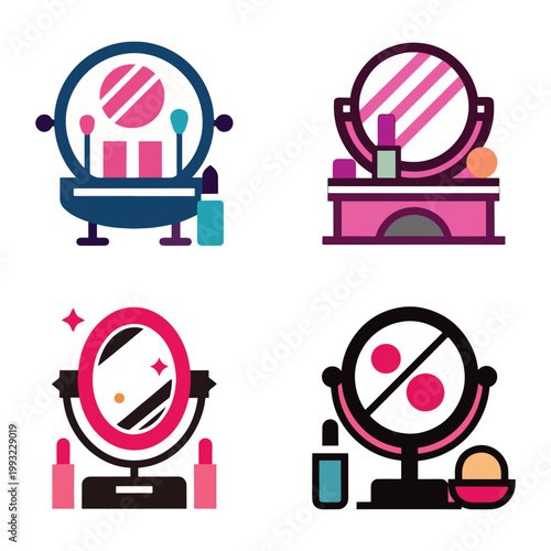Colorful makeup mirrors and cosmetic products on vanity tables for beauty and skincare routines  modern simple icons