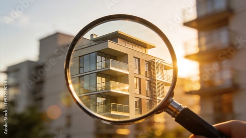 Magnifying glass inspecting modern apartment building