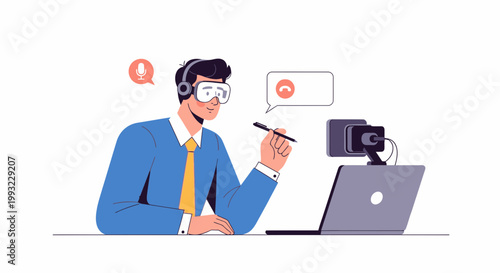 Man in Headphones and Glasses on Video Call with Laptop and Webcam