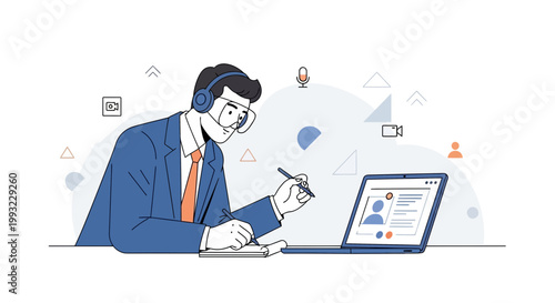 Man in Headphones Attends Online Meeting on Laptop, Taking Notes