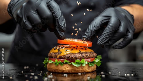 There is a person in black gloves putting toppings on a hamburger