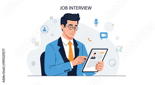 Man in Job Interview Video Call, Holding Tablet with Resume, Online Recruitment Concept