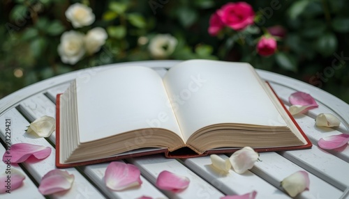 There is an open book sitting on a table with rose petals around it