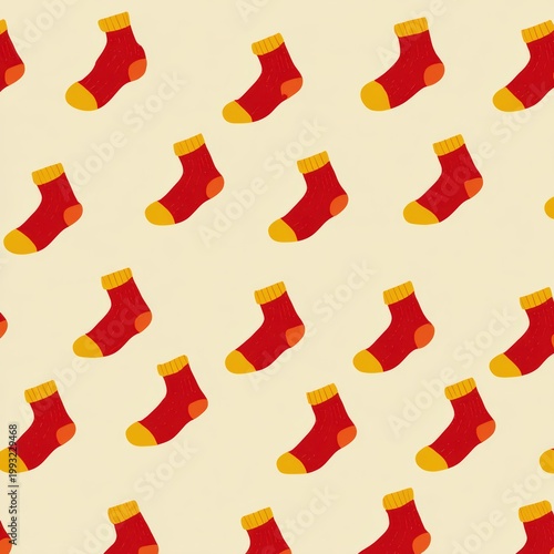A seamless pattern of cozy red socks with yellow trim, perfect for adding warmth and cheer to any design.