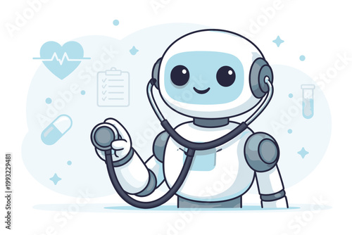 Friendly AI Robot Doctor Holding a Stethoscope for Medical Examination, Flat Vector Illustration of Artificial Intelligence in Healthcare, Digital Health Assistant, Future Medicine Technology.