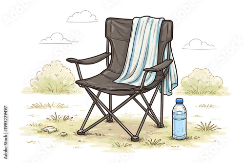 Detailed sketch illustration of a black folding camping chair with a blue and white striped towel draped over the back and a plastic water bottle beside it in a sunny outdoor landscape with bushes.