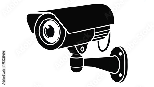 A black and white illustration of a vintage security camera mounted on a wall outdoors.