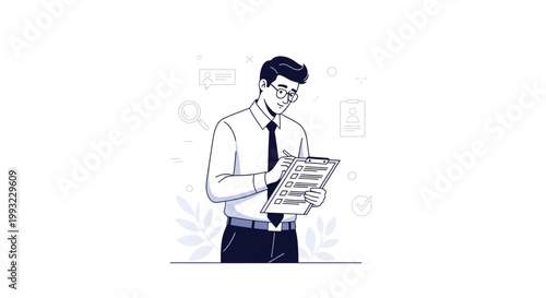 Man in Suit Filling Out Checklist on Clipboard, Business Concept