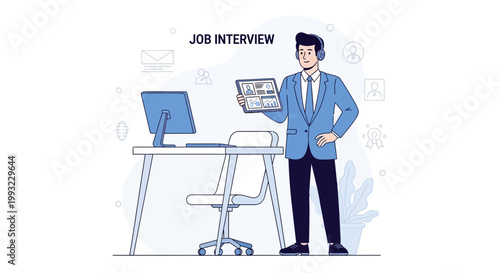 Man in Suit Holding Tablet During Job Interview, Computer and Desk Setup