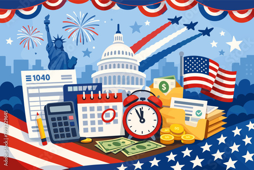 National Tax Day in the United States Illustration with 1040 Form, Calculator, Calendar, Alarm Clock, Money, US Capitol, Statue of Liberty, and Patriotic American Flag for Tax Filing Deadline