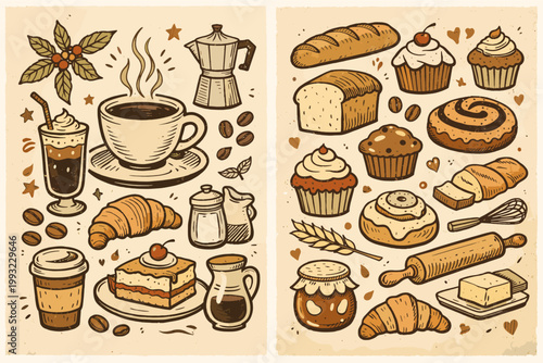 Hand Drawn Vintage Coffee Shop and Bakery Illustration Set with Coffee Cup, Moka Pot, Croissant, Bread, Cupcakes, and Pastries. Whimsical Sketch for Cafe Menu, Packaging, and Retro Food Design.