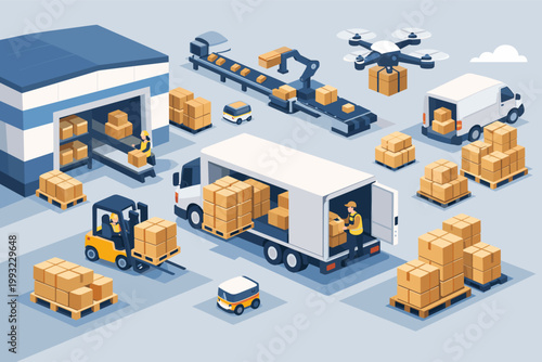 Isometric illustration of a modern warehouse logistics and fulfillment center with automated conveyor belts, robotic arms, delivery trucks, forklifts, drones, and autonomous delivery robots.