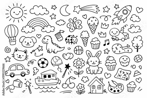 Set of Playful Kids Doodle Elements with Cute Icons and Shapes. Monochrome Hand Drawn Line Art Vector Illustration Featuring Sun, Animals, Food, Transport, and Nature for Coloring Book Design.