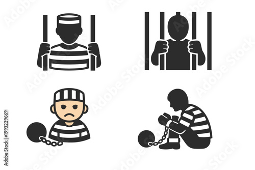 Set of Prisoner and Inmate Icons in Different Styles Featuring Convicts Behind Bars and Chained to a Ball and Chain for Law Justice Crime and Punishment Concepts Vector Illustration