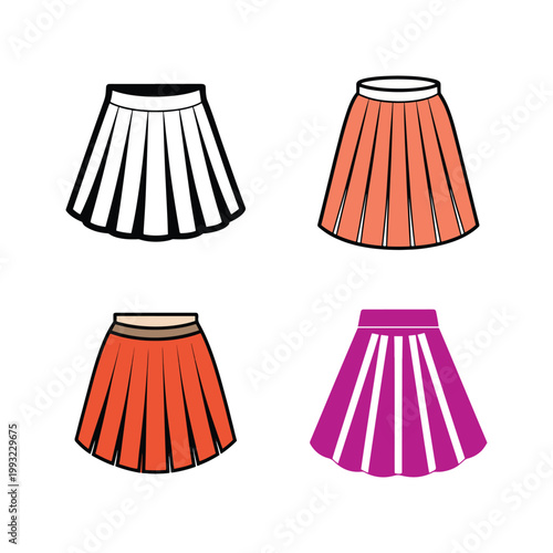 Colorful pleated skirts in different styles and colors  fashion design elements  various textile patterns  clothing accessories