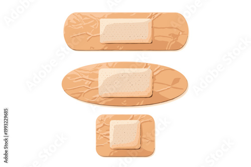 Set of Realistic Wrinkled Medical Plasters and First Aid Creased Bandages. Adhesive Band, Medicine Patch, and 3D Bandaid Vector Illustration. Flesh Colored Wound Care Strips on White Background.