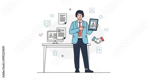 Man in suit presenting digital profile on tablet, business concept illustration