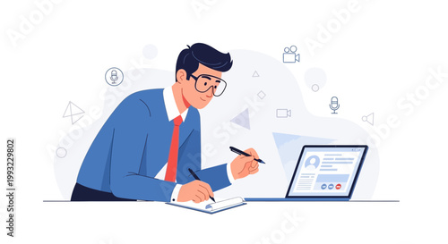 Man in Suit Taking Notes During Online Meeting on Laptop, Remote Work Concept