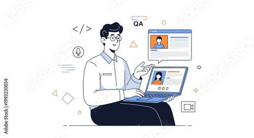 Man in video call with colleagues, online meeting, remote work, coding and QA