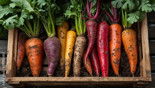 Brightly colored carrots in a wooden crate on a wooden surface