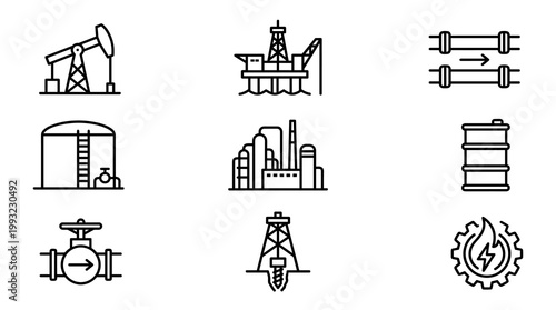 Oil and gas industry icon set: minimal monoline energy symbols, refinery, pipeline, and drilling equipment.