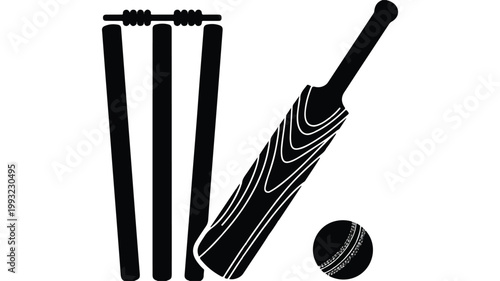 A black and white illustration of a cricket bat and ball near three stumps