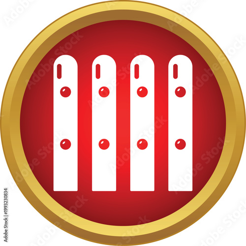 Four white vertical bars with red dots inside a red circle with a gold border