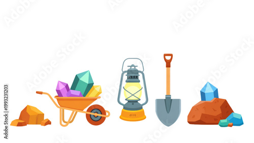 A colorful vector graphic illustration of mining tools and precious gems on transparent background